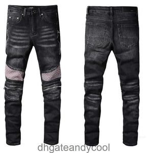 Street Denim amirres New Jeans Designer High Pants Man Men's Fall Black Broken Embroidery Patch Elastic Slim Leggings Motorcycle 2B6M