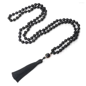 Colares pendentes naturais de pedra negra de obsidiana homens brilhantes onyx 108 malhas de malha colar mulheres mulheres budistas ioga jóias presentes