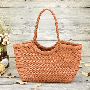 Shoulder Bags Hand woven Leather Woven Casual Vegetable Basket with Inside Vintage Shopping Tote 230426