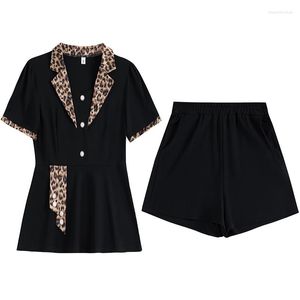 Fomens femininos Summer Mulheres elegantes conjunto de duas peças impressão de leopardo v pescoço de manga curta e shorts casuais plus size preto slim solto solto