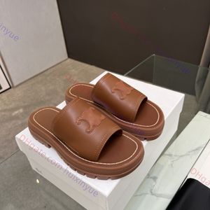 Toppkvalitetsdesigner Triomphe Slides Calfskin Vegetal Tan Sandals tofflor Skor Skor Kvinnor strand tjocka bottenskor glid på gummi skor fabrikskor med ruta 35-45