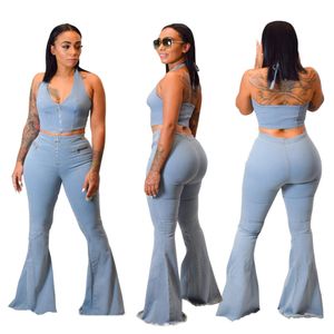 Jeans Mode Frauen hellblau gewaschene Flare Jeans Sets sexy Halfterhalter ärmellose obere Glockenboden Jeans Zwei Stücke Anzüge Neuankömmlinge