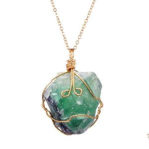 Pendant Necklaces Fysl Light Yellow Gold Color Wire Wrap Irregar Shape Fluorite Stone Link Chain Necklace Rock Crystal Jewelry Drop Dhple