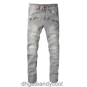 stitching Denim Amirres knee Jeans Designer Pants grey Man new smoky zippered ripped jeans men's personalized worn slim motorcycle pants R7L5