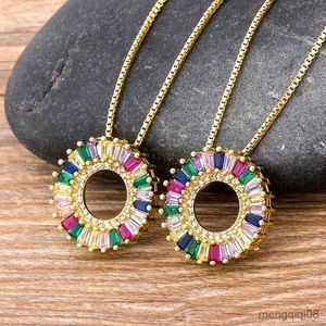 New Arrival Fashion Rainbow Luxury Copper Crystal Round Pendant Necklace Factory Wholesale Charm Women Girls Chain Necklace