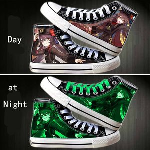 حذاء اللباس Genshin تأثير Zhongli Xiao Cosplay Women Canvas Shoes Summer Summer Disual Night Lights Shoes Top Man Fulcanize Shoes 230519