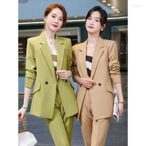 Women's Two Piece Pants Long Sleeve Solid Color Temperament Western Style Single-Breasted Small Suit Jacket White Collar Business Wear Work