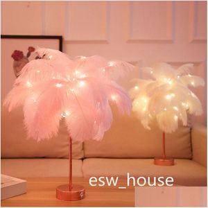 Other Festive Party Supplies Remote Control Feather Table Lamp Usb/Aa Battery Power Diy Warm Light Tree Lampshade Home Bed Dhhwn