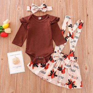 Completi di abbigliamento Set di vestiti per neonate Costumi del Ringraziamento Ruffles Pagliaccetto Bretelle Gonne Fascia per capelli Abiti 3 pezzi Vestito per bambini