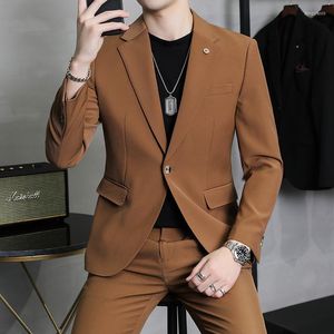 Men's Suits 2023 Spring Summer Simple Casual Blazers Pant Two Piece Set Men Business Slim Fit Solid Tuxedo Groom Wedding Prom Wear Sets