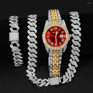 Hänge halsband Hip Hop 16mm 2st Kit Silver Color Watch Halsband Armband Bling Crystal Iced Out Cuban Rhinestones Chains For Men