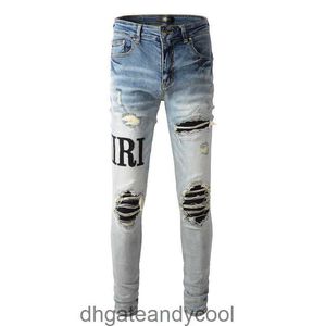 New Jeans Designer Pants Man FOG Denim Fashion Brand Letter Amirres Patch Washed Old Hole High Street Slim Fit Light Small Foot Jeans Men DMCZ