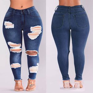 Джинсы Женские джинсы больших размеров Европейские и американские джинсы-бойфренды с эластичными отверстиями Толстые брюки Рваные джинсы для женщин Винтажная уличная одежда
