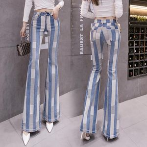 Jeans Spring INS Stripe Jeans Women Mid Waist Flares Pants Ladies Contrast Color Trousers For Women Fashion Panelled Pantalones Mujer