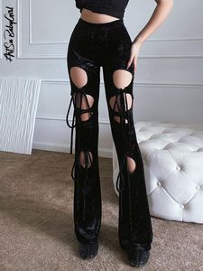 Bayan İki Parça Pantolon Y2K Flare Bağcıklı Pantolon Oymak Yüksek Bel Pantolon Şık Geniş Bacak Düz Strechy Streetwear Siyah 230519