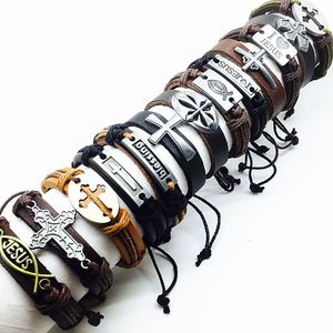 Chain Brand 10pcs cross men's genuine leather Bracelet black brown Jesus metal Christ mix styles male real cuff bangle jewelry 230518