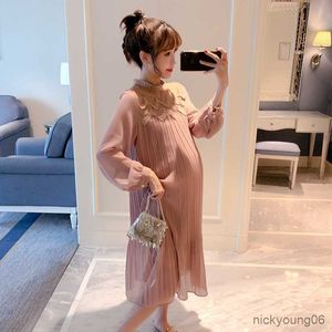 Autumn Fashion Pleated Chiffon Maternity Long Dress Loose Straight Clothes For Pregnant Women Graviditetskläder R230519