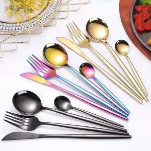 DHL NEW 4PCS/SET SVART GULD CESTLERY SET 18/10 Rostfritt stål Middagsilver Silverlevis Flatware Set Dinner Knife Fork Spoon M42