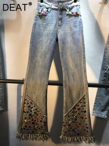 Women's Jeans DEAT Women Flared Jeans Tassel Diamond Edge Burr High Waist Slim Fit Elastic Denim Long Pants Summer Fashion 29L21 230519
