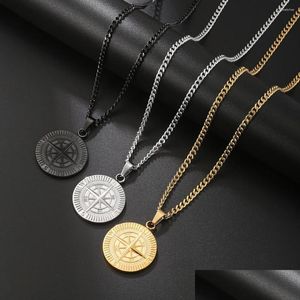 Pendant Necklaces Mens Vintage Sailing Travel Compass Necklace Stainless Steel Cuban Figaro Chain For Men Punk Hip Hop Jewelry Drop Dhmca