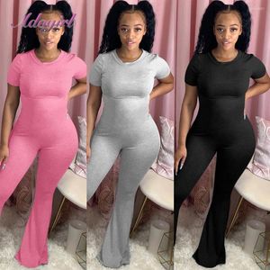 Women's Jumpsuits Women Solid O-Neck Short Sleeve Boot Cut Bikers Jumpsuit Bell Bottoms One Piece Wide Leg Flare Pants Romper Outfit