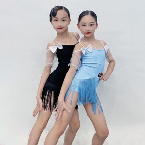 Stage Wear Summer Mesh Sleeves Latin Dress Girls Professional Frange Ballroom Dance Competition Abbigliamento SL8406