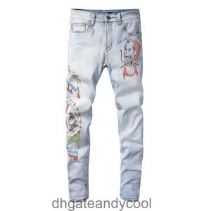 Amirres jeans designer byxor man ljus färg tvätt vatten denim gammal personlig karaktär tryck trend mångsidiga smala fötter high street jeans män oom6