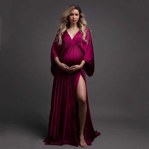 Satin Maternity Photography Prop Dress V-Neck Silk Graviditet Foto Shoot Long Dress Side Baby Shower Dress