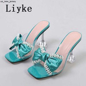 Slippers liyke pvc chinelos transparentes para mulheres 2023 Moda Pearl Butterfly-Knot São de verão Clear High Size Grande 46 Sapatos Lady J230519