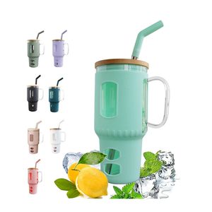 Glass Cup with Lid and Straw Handle 32oz Glasses Water Bottles Coffee Drinkware Beer Mug Transparent Spill Proof Car Travel Cups
