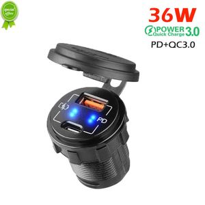 New PD+QC3.0 Dual Port Charger Socket Waterproof 36W 6A USB Outlet Fast Charge for 12V-24V Car Boat Motorcycle Truck Marine SUV