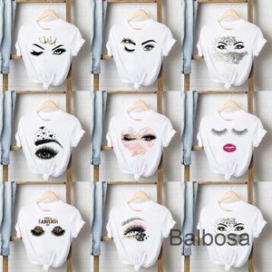Toptan artı beden kadın giyim tasarımcısı Tshirt 2023 Yaz Yuvarlak Boyun Göz Basılı Beyaz Gömlekler Kısa Kollu Bayanlar Üst Alt Artı Boyut 3XL 4XL 5XL