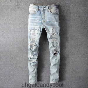 High Man denim yıkama amirres yeni kot sokak tasarımcısı mavi pantolon beyaz elmas hasarlı delik ince fit slp denim pantolon erkek moda aoxn