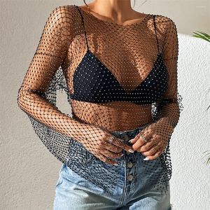 Women's T Shirts Sexy Shiny Top Hollow Out See-through Clothes 2023 Summer Explosive Models Grid Flash Diamond Women's T-shirt Tops