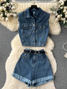 Kvinnors träningsdräkter Singreiny Högkvalitativ Safari denim Två stycken Set Women Button Tank Top Mini Jeans Shorts 2023 Streetwear American