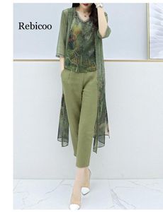Klänning Summer Green Chiffon tryckt 3 -stycken Set Women Vest+Cardigan+Croped Pants Suits Eleganta Korean Womens Set Femme