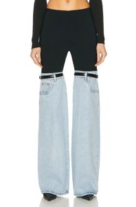 Kvinnors jeans kvinnors jeans hög midja rak lapptäcke pu läder spänne streetwear denim byxor vår 2023 ny trend