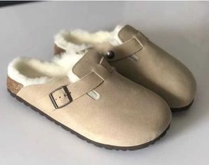 Baotou Sapatos Boston Sandálias Sandálias de Fur Slipper Designer de Cão de Camurcere Leather Slippers Wook Pur Cork Slides Fashion Moda Cópia Arizona Mayari Men Womensandal