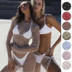 Kvinnors badkläder Holiday Bikini Rhinestone Cover-Ups Beach Dress Långärmklänning med pärldekoration Se genom Mesh Sheer Pool Party Dress