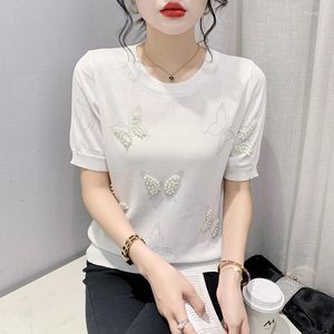 Kvinnors T-skjortor Summer 2023 Kort ärmstickning T-shirt Kvinnor Fashion Loses O-Neck White Tops Pärled Butterfly Casual Tee Female Shirt