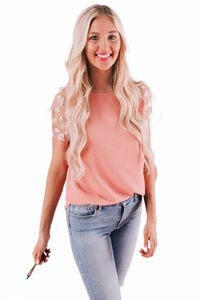 Pink Crewneck Applique Splicing Sleeve Top 2023 Hot New B3am#