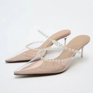 Women High Arrival Heels Sandals Pearl Embellishments Sexy Transparent Pointed Toe Stilettos Perfect Wedding Fashion Party Pumps 7214