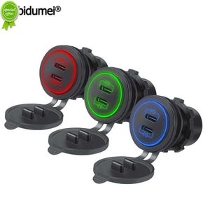 New New Car Charger Dual PD Type-C Socket 12-24V Fast Charge with LED 3 Colors Light Waterproof Adapters for Car Boat RV Quick Charge