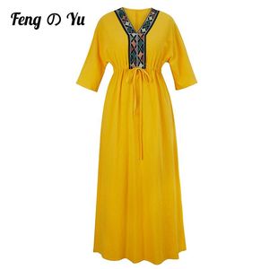 Dresses Linen Dress Ladies Neckline Embroidered Dress Elegant Ethnic Bohemian Sleeve Yellow Beach Dress Ladies Party 2021