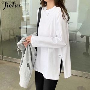 T-shirt da donna Jielur Autunno Bianco Nero Top Donna Coreano Appliques T-shirt in cotone spaccato Camicia a maniche lunghe casual allentata da donna S-XLL230519