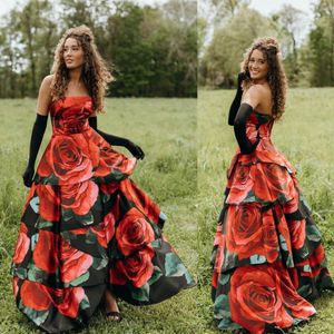 Print Floral Prom Dress 2k23 Strapless Satin Rose Print Layered Ballgown Lady Pageant Formal Evening Event Party Runway Black-Tie Red Carpet Gala Gown Black/Red