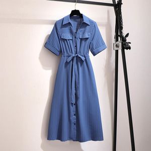 プラスサイズのドレス150kgサイズの女性夏の長いラペルタイドレスバスト149cm 5xl 6xl 7xl 8xl 9xlルーズストライプシャツホワイトブルー230518