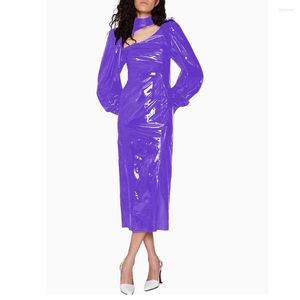 Casual Dresses Fashion Bubble Long Sleeve Midi Dress For Women High Street Shiny PVC Leather Rear Split Elegant Ladies Party Pencil