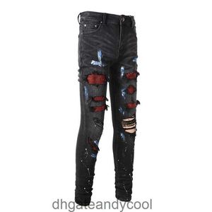 Brand Denim Red Amirres Jeans Hot Designer Pants Diamond Man Fashion Stamping Wash Jeans Black Abrasion Wrinkle Painting Elastic Slim Fit Pants amr LG73