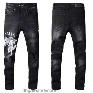 Mode am mens denim amirres jeans designer byxor man varumärke fall mäns svart perforerad broderi patch elastiska smala leggings agie